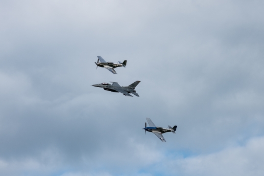 F16 and Two P51s Flying Formation